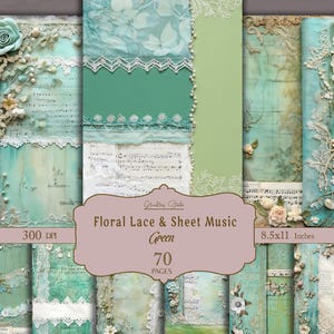Grüne Spitze, Journalseiten, digitales Papier für Scrapbook und Junk Journal, antik, Hintergrund, Spitze, Stoff, Verzierungen, printable Bilder