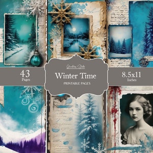 Winter Scenes Junk Journal Pages, Digital Scrapbook Paper Kit, Snowy Forest Printable, Snow Collage, Winter Wonderland, Vintage Ephemera