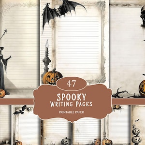 Könnte beinhalten: Eine Sammlung von 47 gruseligen Schreibseiten mit Vintage-Ästhetik. Die Seiten zeigen Illustrationen einer Hexe, Fledermäusen, Kürbissen und Totenköpfen. Der Text "Spooky Writing Pages" und "Printable Paper" ist auf einem braunen Banner zu sehen.