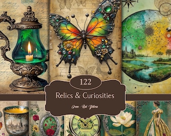 Relics and Antiques, Fantasy Junk Journal Pages, Printable Ephemera for Scrapbooking, Collage, Mixed Media, ATC Projects. Digital Download