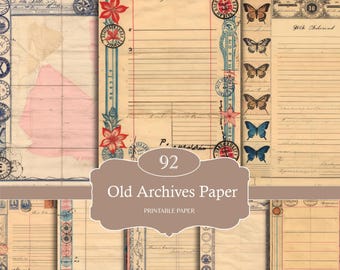 Puede incluir: Una colección de papeles imprimibles de estilo vintage. Los papeles presentan texturas envejecidas, bordes decorativos con diseños florales y de sellos, y elementos manuscritos. La imagen incluye el texto "Old Archives Paper" y el número "92".