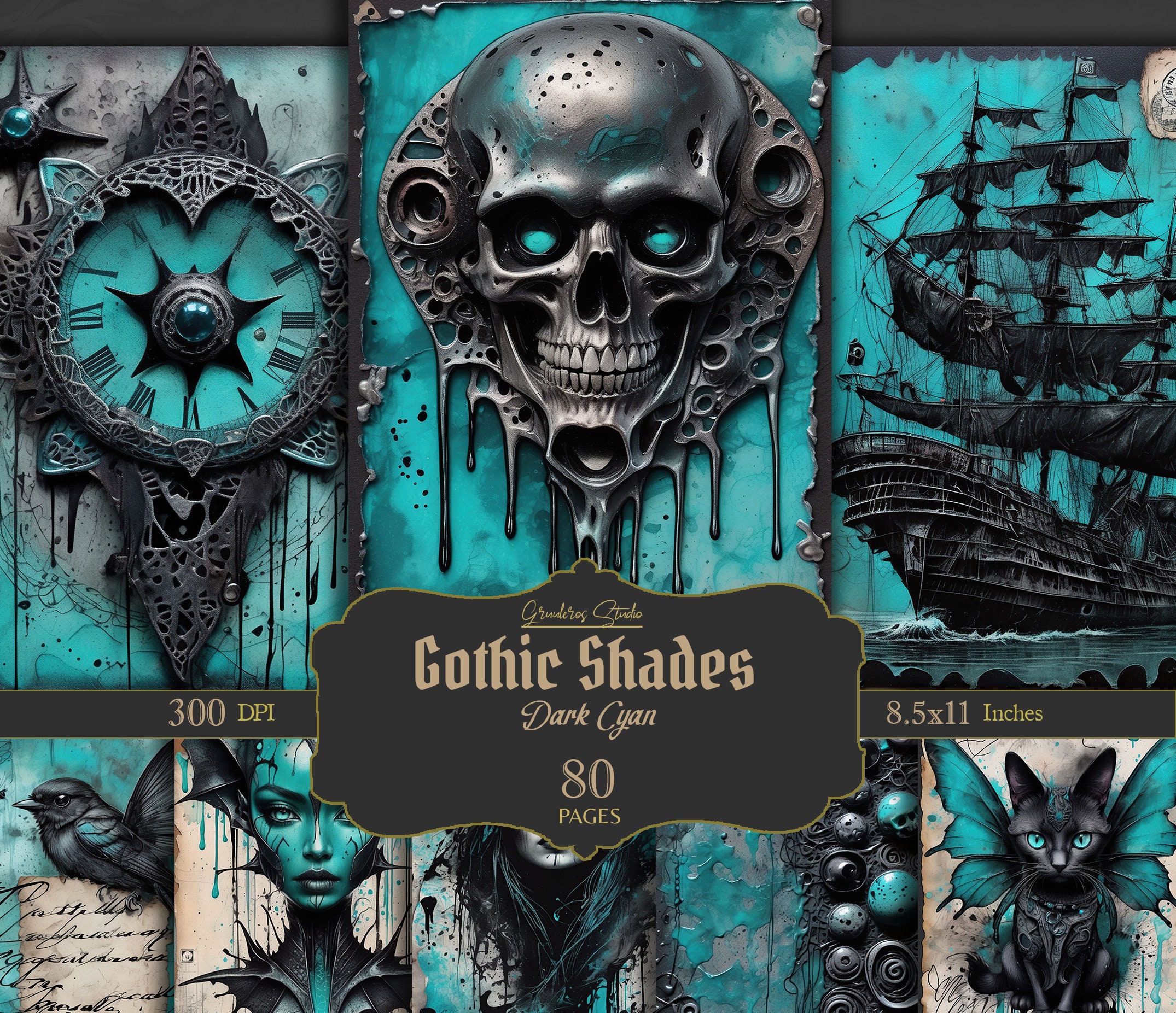 Gothic junk journal printable, Dark Cyan, Skull journal pages, Dark fantasy journal pages, grimoire journal, Paper Spooky, Gothic Ephemera