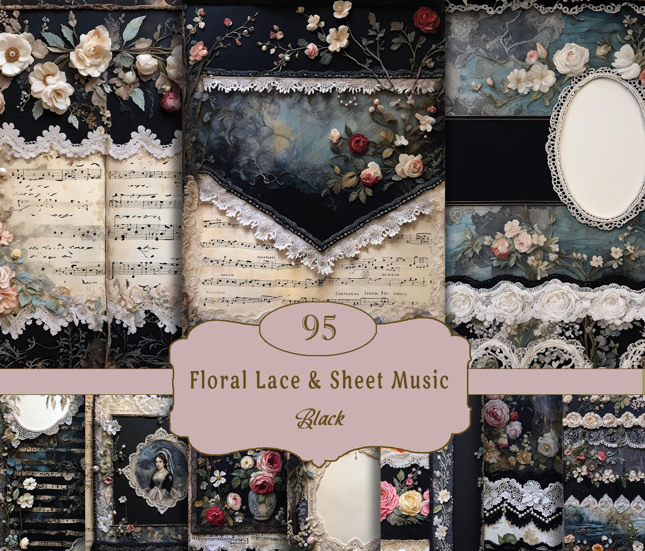 Lace Junk Journal, Printable, Black Lace Images, Lace Digital Journal ...