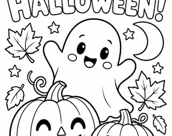 Könnte beinhalten: Eine schwarz-weiße Malvorlage mit dem Text HAPPY HALLOWEEN am oberen Rand. Die Illustration zeigt ein lächelndes Gespenst, zwei Kürbisse mit geschnitzten Gesichtern, mehrere Ahornblätter, eine Mondsichel und verschiedene Sterne.