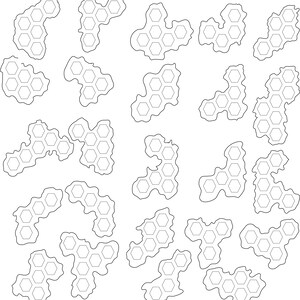May include: Black and white line art pattern of honeycomb shapes. The shapes are irregular and abstract, resembling a camouflage pattern.