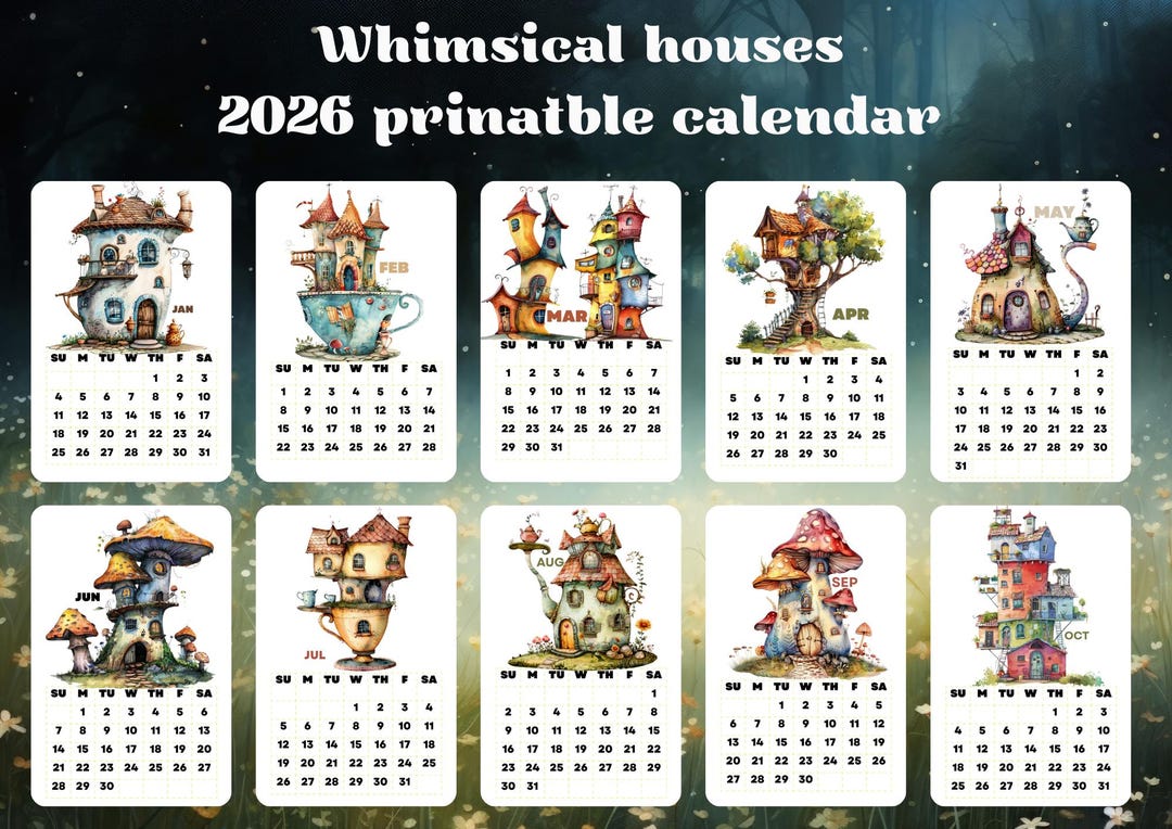 2026 Calendar Printable PDF - Whimsical Houses Themed- Instant Download ...
