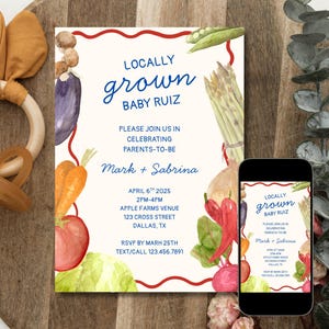 Locally Grown Baby Shower Invitation | Farmers Market Theme | Editable Canva Template | Printable or Digital Download | Fresh Produce Design