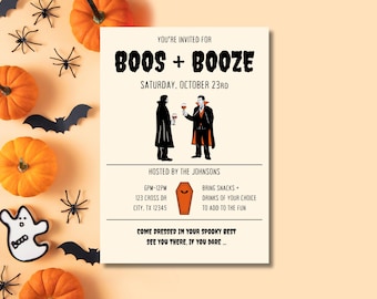 Convite para Festa de Halloween "Booes and Booze" | Convite Editável para Festa à Fantasia (Download Digital)