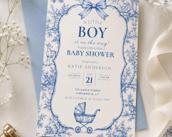 Blaue Toile Babypartyeinladung | Französisches Land bearbeitbare Canva-Vorlage (digitaler Download)
