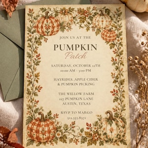 May include: A rectangular invitation card with a cream-colored background featuring a decorative border of illustrated pumpkins, autumn leaves, and small flowers. The text reads: JOIN US AT THE PUMPKIN PATCH, SATURDAY, OCTOBER 12TH, 10:00 AM - 3:00 PM, HAYRIDES, APPLE CIDER & PUMPKIN PICKING, THE WILLOW FARM, 227 PUMPKIN LANE, AUSTIN, TEXAS, RSVP TO MARGO, 512.555.8971.