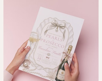 Perlen und Prosecco Brautparty-Einladung, Aquarell-elegantes Design (Canva-Vorlage)