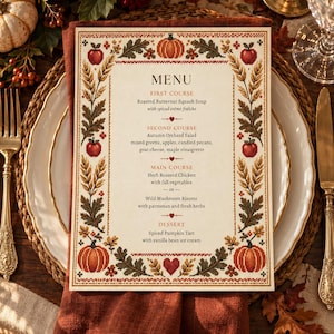 May include: A rectangular menu card featuring a cross-stitch style border of pumpkins, apples, wheat stalks, and oak leaves. The text lists courses including Roasted Butternut Squash Soup, Autumn Orchard Salad, Herb Roasted Chicken, and Spiced Pumpkin Tart.