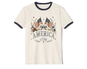 Vintage Botanical Americana Hydrangea Daisies Poppies T-Shirt | Cottage Garden Watercolor