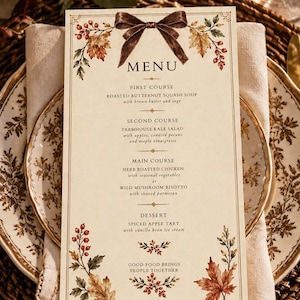 May include: A rectangular paper menu featuring a brown ribbon bow at the top, autumn leaf and berry illustrations, and text listing courses including roasted butternut squash soup, kale salad, herb roasted chicken, mushroom risotto, and spiced apple tart.