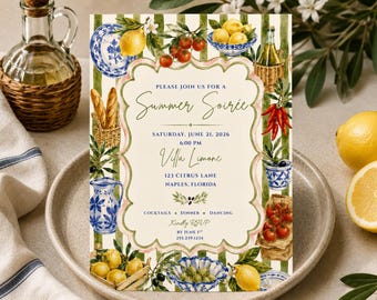 Italienische Sommer Soirée Einladung | Aquarell Zitrone Dinner Party (Digitaler Download)