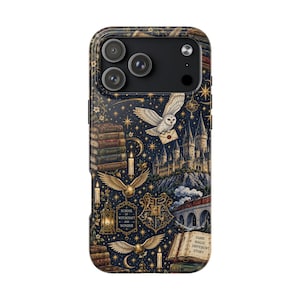 May include: A dark blue smartphone case featuring a gold and white pattern of a castle, a flying owl carrying a letter, books, a train on a bridge, a crest with the letter H, and the text School of Witchcraft and Wonder and Same Magic Different Story.