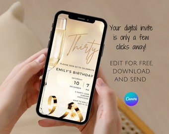 Minimalist 30th Birthday Invitation: Gold Champagne Design (Digital Download)