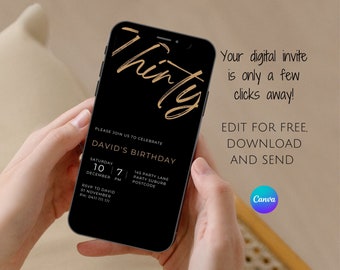 Minimalist 30th Birthday Invitation: Black & Gold, Editable (Digital Download)