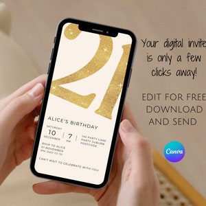 Minimalist Gold 21st Birthday Invitation: Editable Digital Invite (Canva)