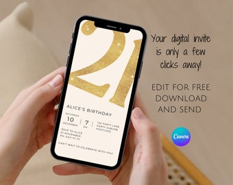 Minimalist Gold 21st Birthday Invitation: Editable Digital Invite (Canva)