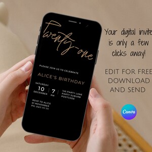 Digital invitation 21st birthday, Minimalistic invitation, Editable digital invitation birthday, 21st birthday evite, Black gold invitation