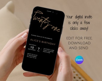 Minimalist 21st Birthday Invitation: Black & Gold Evite (Digital Download)