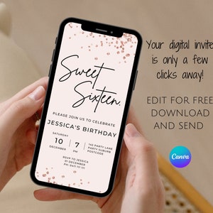 Digital Sweet Sixteen Birthday Invitation, Modern Sweet 16, Sixteen Birthday Party, Pink Sweet 16 Invite, Editable Evite, Modern Invitation