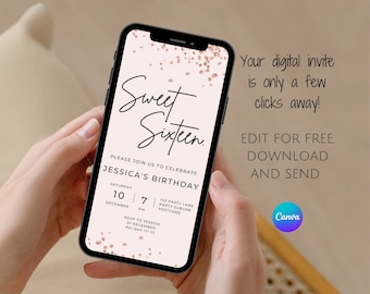 Modern Sweet Sixteen Invitation: Pink Birthday Party, Editable Evite (Digital Download)