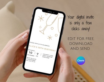 Minimalist Birthday Invitation: Editable White Gold Evite (Digital Download)