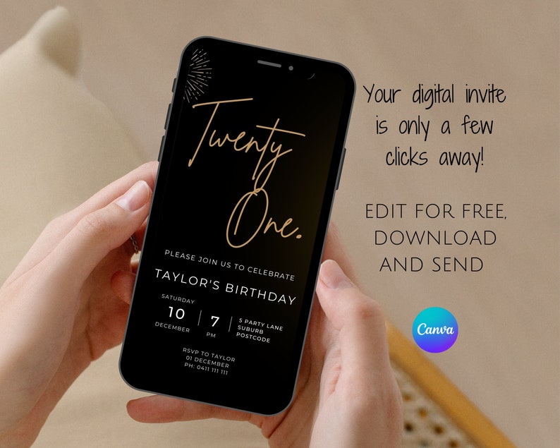 Minimalist 21st Birthday Invitation: Black & Gold Digital Invite (Editable Canva Template) image 1