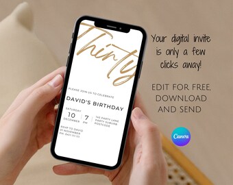Minimalist 30th Birthday Invitation: Editable White Gold Design (Digital Download)