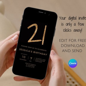 Digital invitation 21st birthday, Gold glitter invite, Minimalistic invitation, Editable digital invite birthday, 21st birthday invite