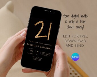 Gold Glitter 21st Birthday Invitation: Minimalist Digital Invite (Editable Canva Template)