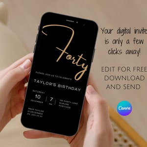 Digital invitation 40th birthday, Minimalistic invitation, Black and gold invite, 40th birthday invite, Text invitation instant download