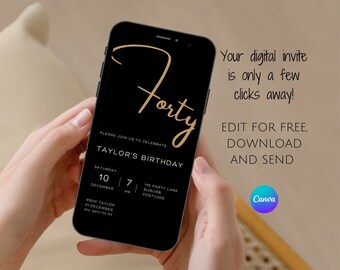 Minimalist 40th Birthday Invitation: Black and Gold Text (Digital Download)