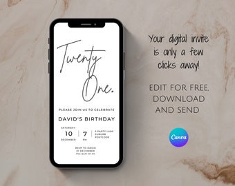 Minimalistisk 21-årsinbjudan: Redigerbar digital inbjudan (Canva)