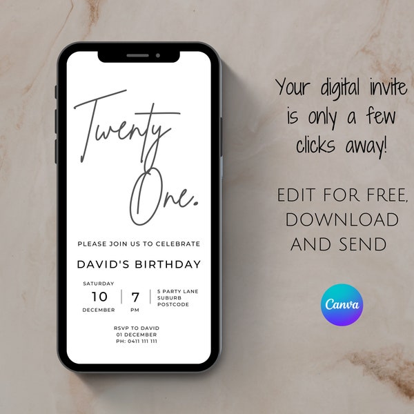 Digital invitation 21st birthday, Minimalistic invitation, Editable digital invite birthday, 21st birthday invite, Modern invitation, Evite