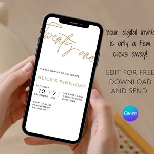 Minimalist 21st Birthday Invitation: White & Gold Evite (Digital)