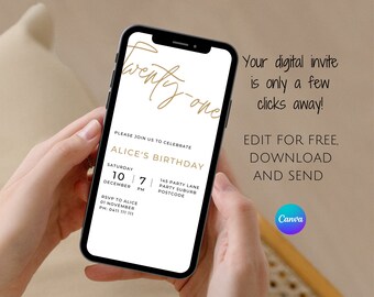 Minimalist 21st Birthday Invitation: White & Gold Evite (Digital)