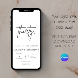 Digital invitation 30th birthday, Minimalistic invitation, Editable digital invite birthday, 30th birthday invite, Modern invitation, Thirty image 1