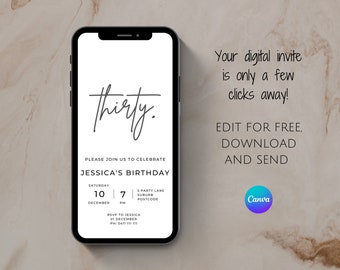 Digital invitation 30th birthday, Minimalistic invitation, Editable digital invite birthday, 30th birthday invite, Modern invitation, Thirty