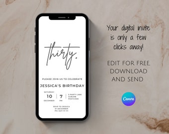 Minimalist 30th Birthday Invitation: Editable Digital Invite (Digital Download)