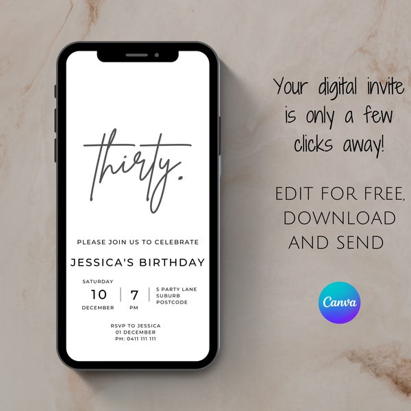 Digital invitation 30th birthday, Minimalistic invitation, Editable digital invite birthday, 30th birthday invite, Modern invitation, Thirty