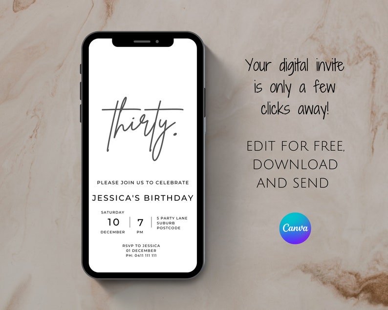 Digital invitation 30th birthday, Minimalistic invitation, Editable digital invite birthday, 30th birthday invite, Modern invitation, Thirty image 1