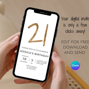 Minimalist 21st Birthday Invitation: Gold Glitter Evite (Digital)