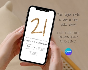 Minimalist 21st Birthday Invitation: Gold Glitter Evite (Digital)