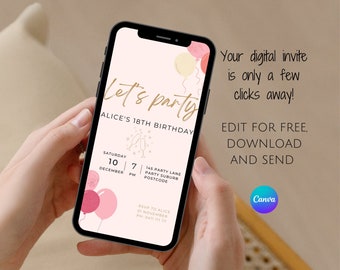Minimalist Pink Balloons Birthday Invitation: Editable Digital Evite (Canva)