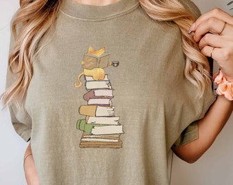 Comfort Colors Coffee Cat and Books Vintage Cat Shirt, Coffee Lover Shirt, Funny Cat Shirt, Teacher Gift, Cat Lover Shirt, Cat Mom Gift
