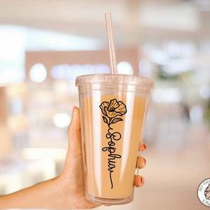 Personalized Iced Coffee Cup Birth Flower Iced Coffee Cup With Name, Custome Birth Flower Gift, Personal  Birth Flower Glass Coffee Cup