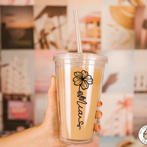 Personalized Iced Coffee Cup Birth Flower Iced Coffee Cup With Name, Custome Birth Flower Gift, Personal  Birth Flower Glass Coffee Cup